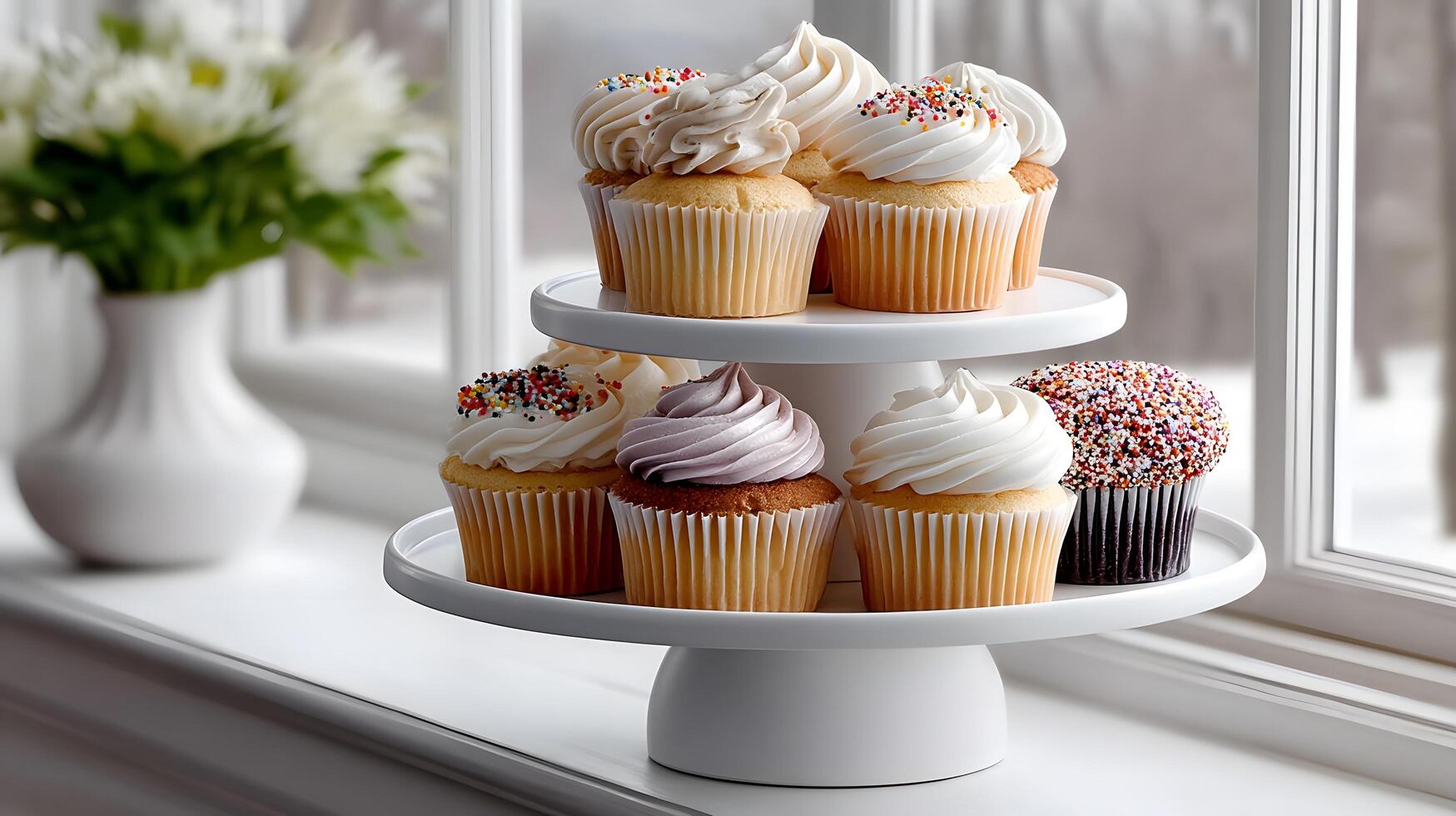 Delicious Cupcakes on Two Tiered White Cake Stand by Window photo