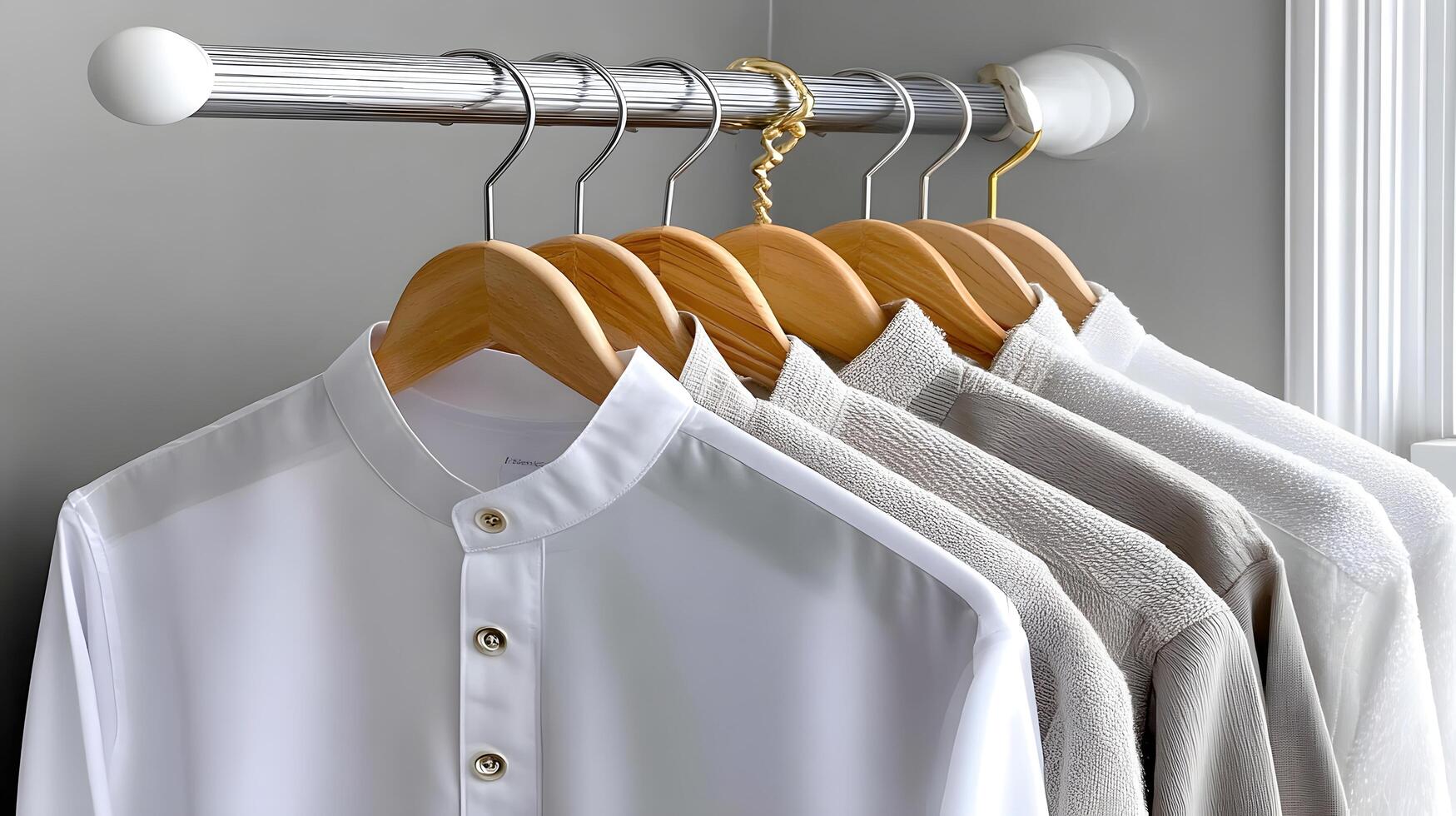 Neutral toned clothing items hanging neatly on wooden hangers in a minimalist closet photo