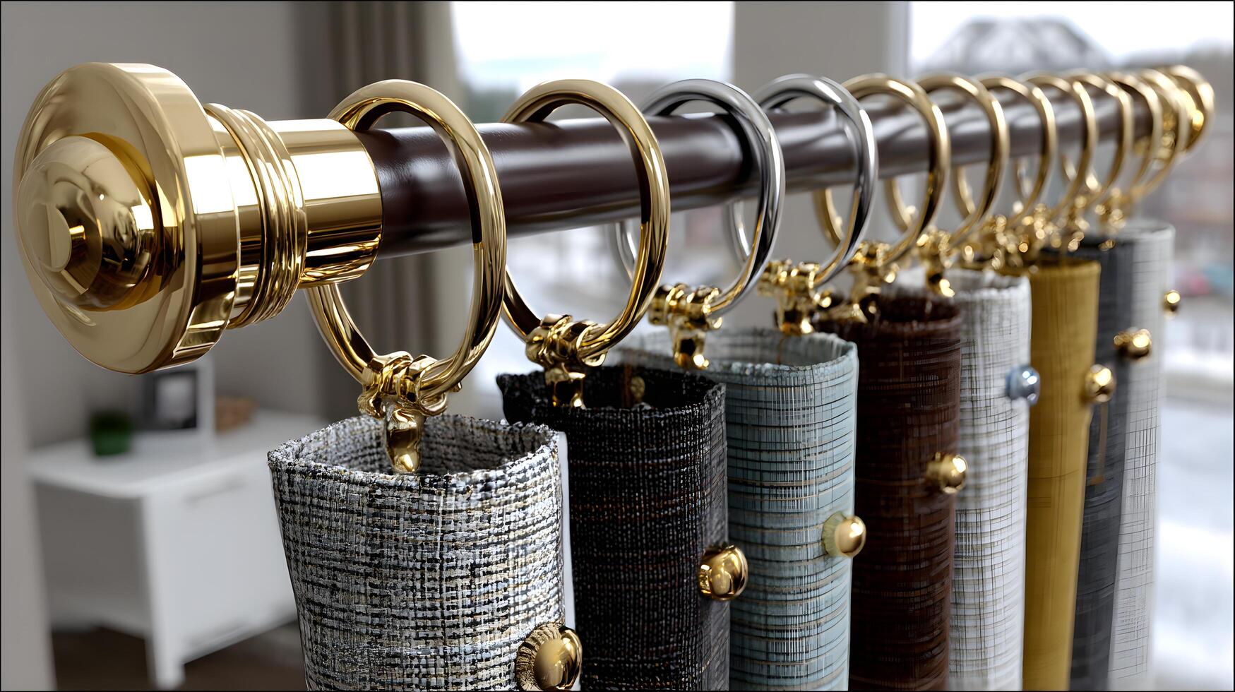 Elegant Gold Curtain Rods with Various Fabric Samples Rings photo