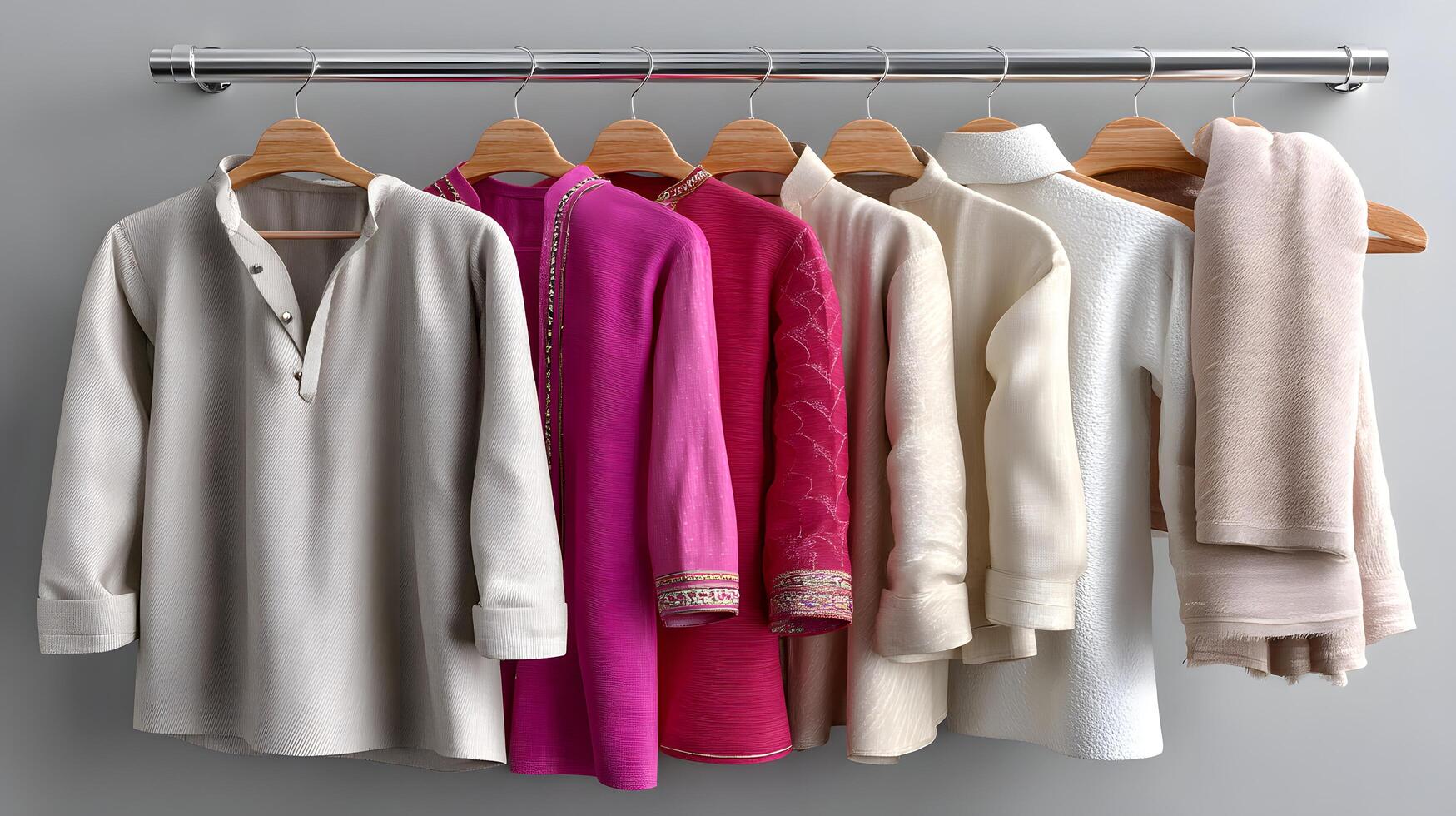 Stylish Women s Clothing Collection Neutral and Pink Long Sleeves Hanging on Wooden Hangers photo