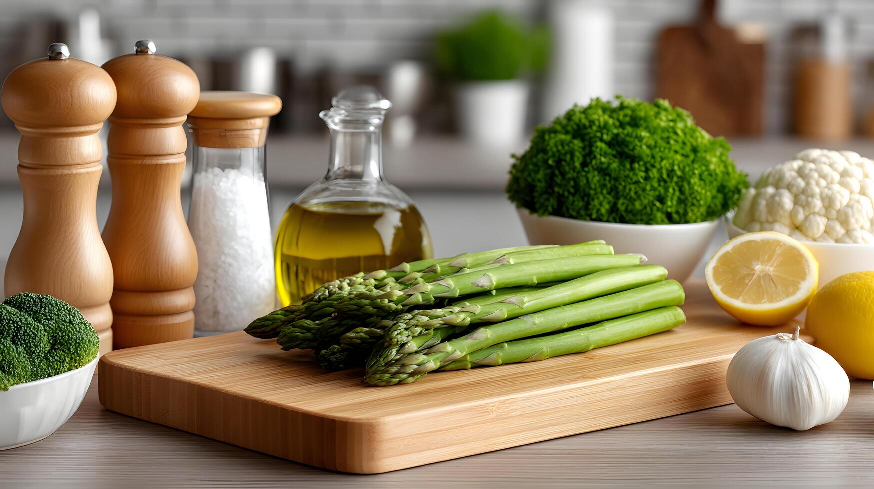 Fresh Asparagus Garlic Lemon Herbs on Wooden Cutting Board Healthy Cooking Ingredients photo