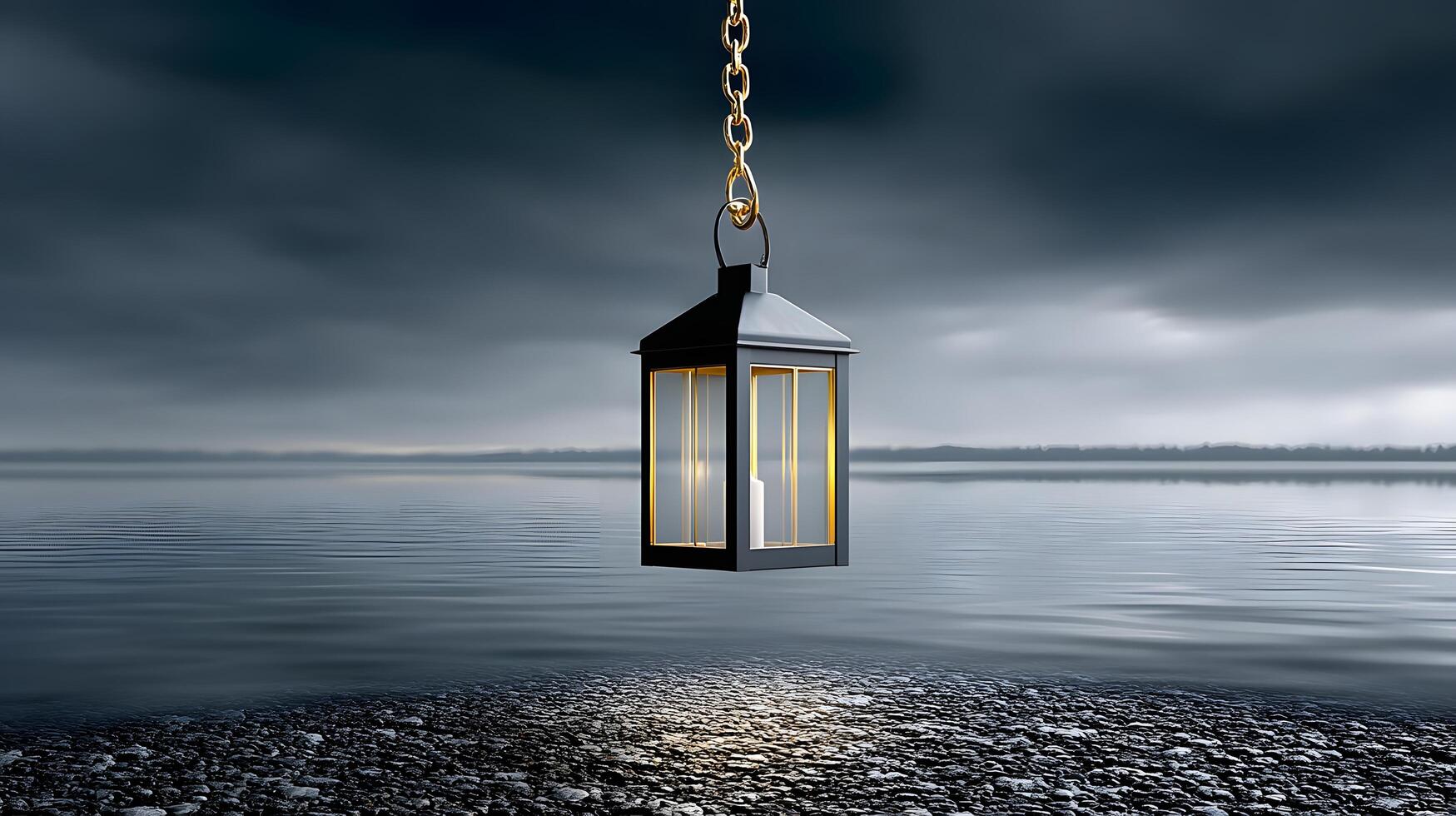 Serene Lakeside Scene with Hanging Lantern Calm Water Dark Cloudscape photo
