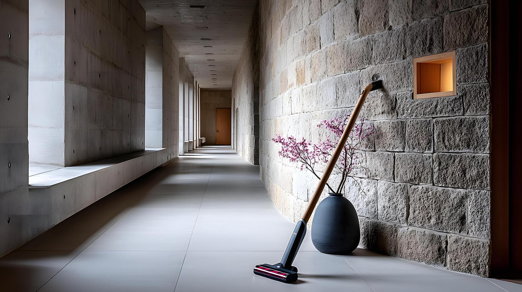 Modern Cordless Vacuum Cleaner in Minimalist Concrete and Stone Hallway photo