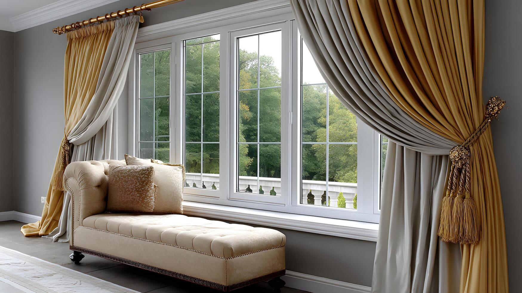 Elegant Gold and Grey Drapes with Chaise Lounge in Luxurious Room Interior photo