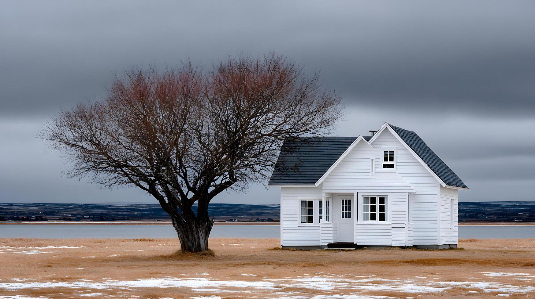 Secluded White Cottage by Lake Under Stormy Sky Winter Landscape photo