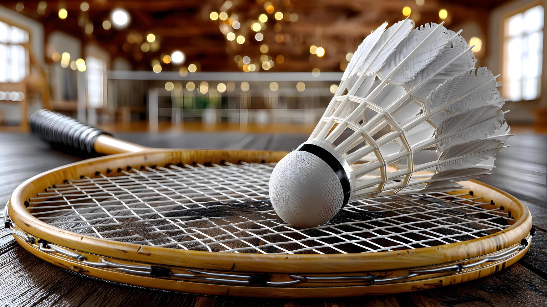 Badminton Racket and Shuttlecock on Wooden Court Vintage Sports Equipment Indoor Game photo