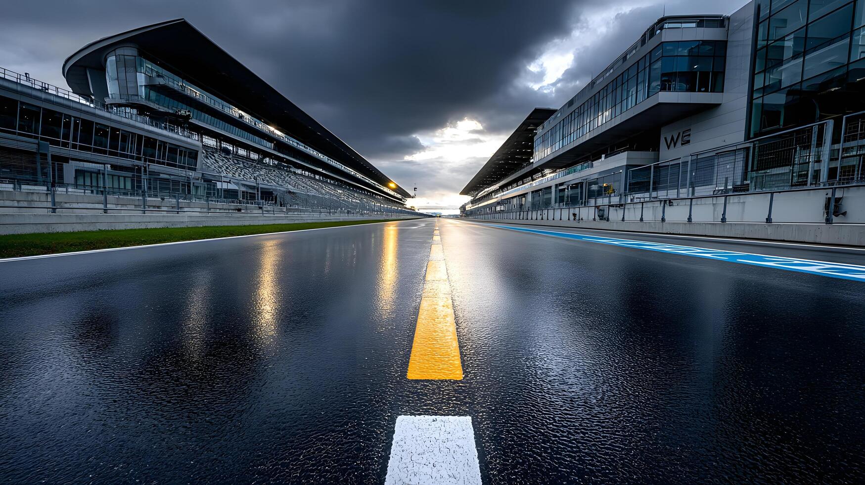 Wet Race Track Asphalt Road Grand Prix Modern Architecture Cloudy Sunset photo