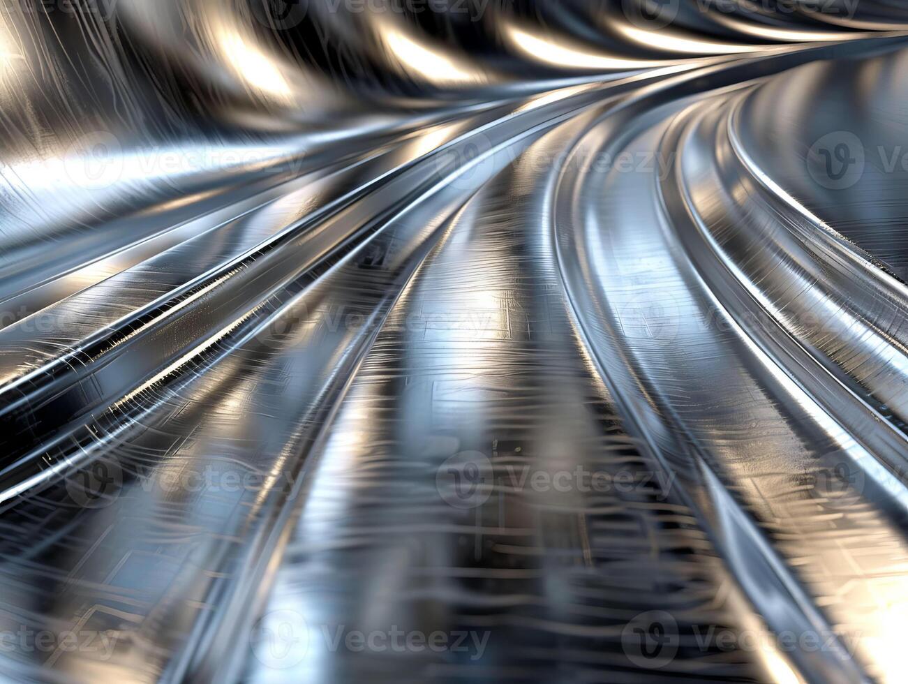Polished metal texture with reflective highlights, sleek and modern look of steel, silver, or aluminum. Curved space, dynamic and futuristic touch, for industrial, tech photo