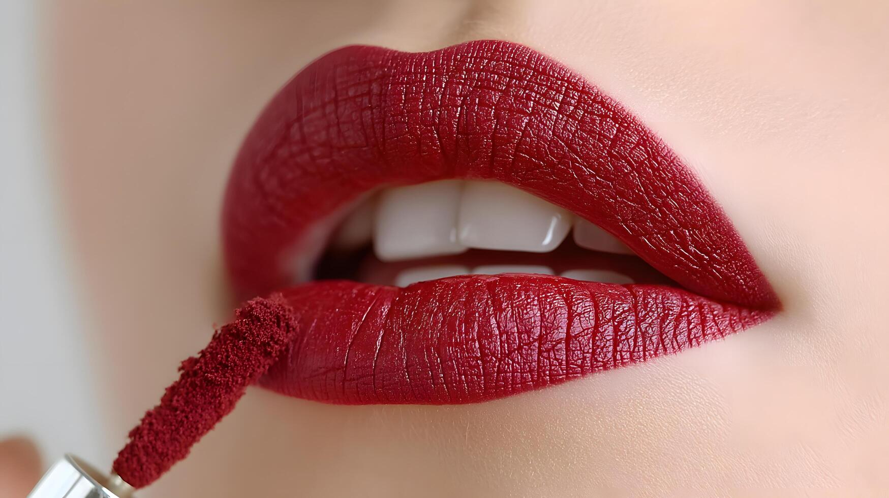 Close up of Woman Applying Deep Red Matte Lipstick Luxury Cosmetics Beauty Product photo
