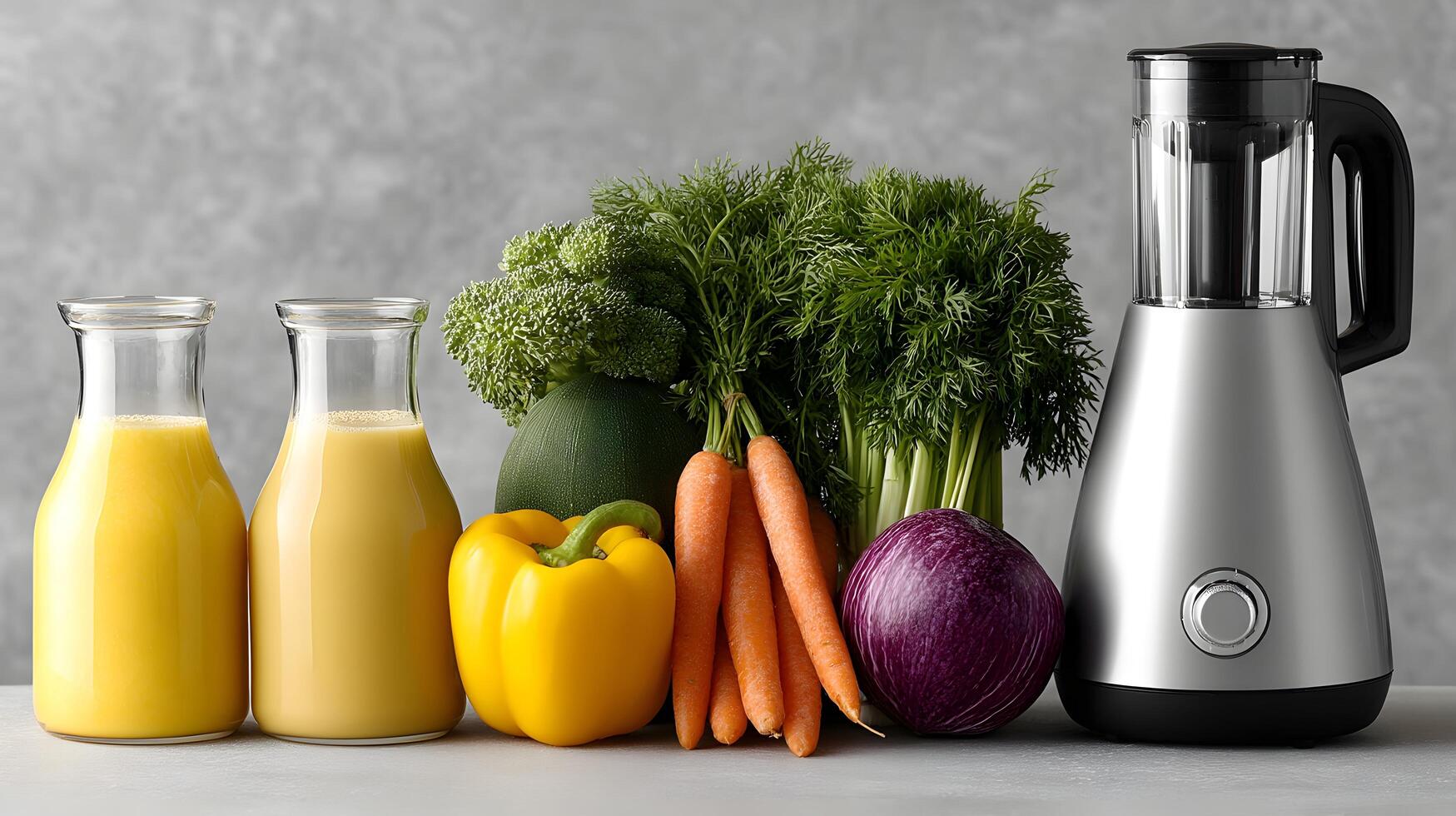 Healthy Vegetable Smoothie Ingredients with Blender Fresh Carrots Broccoli Peppers and Juice Bottles photo