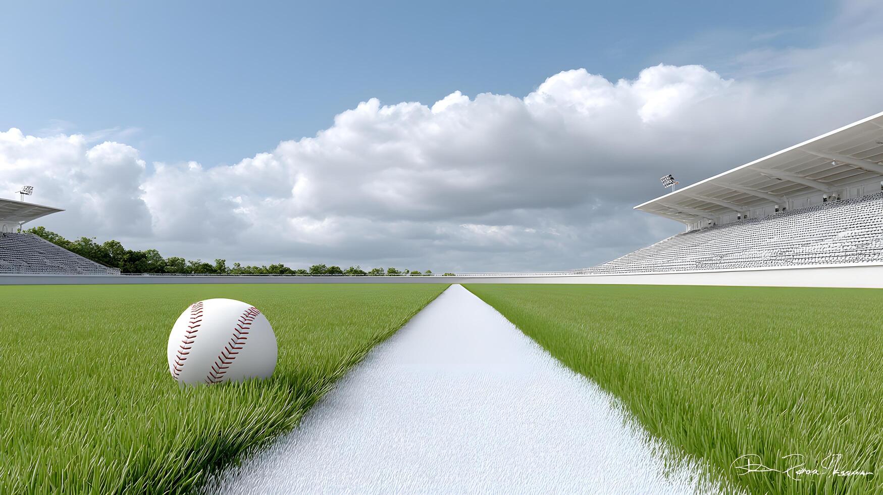Baseball on Grass Field Empty Stadium White Line Sunny Day photo