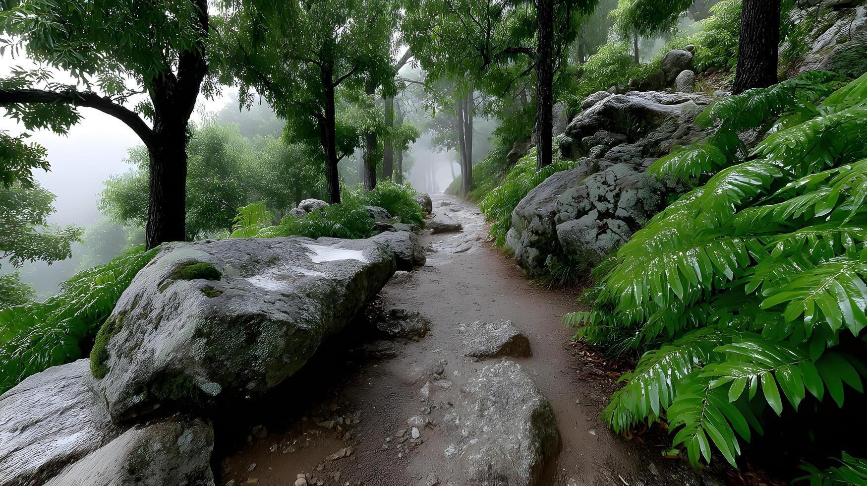Misty Forest Path Serene Stone Trail Winding Through Lush Green Foliage photo