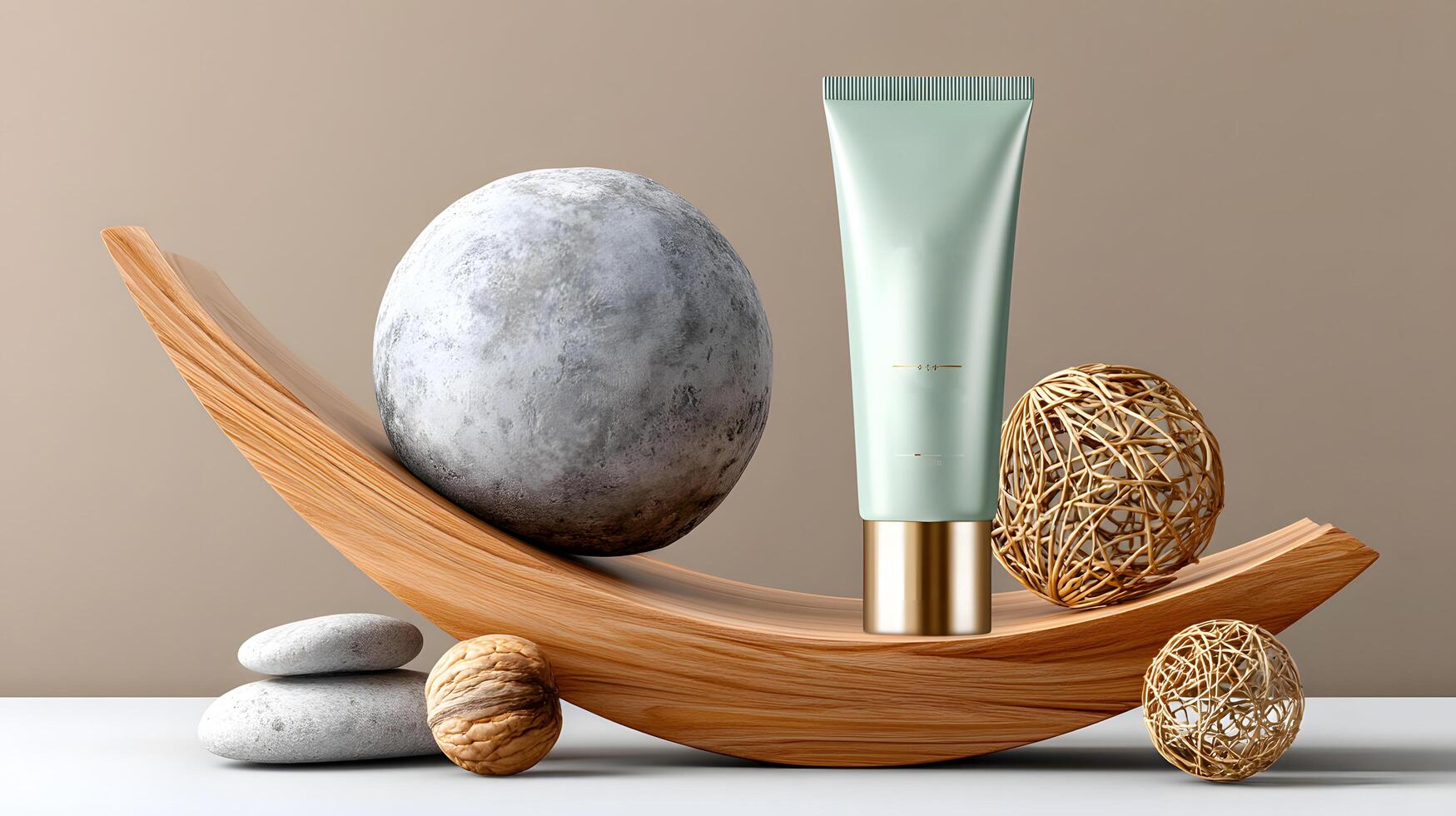 Elegant Cosmetic Tube Mockup with Wooden Display and Natural Elements photo