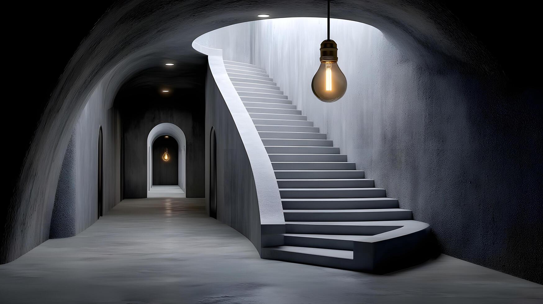 Modern Concrete Staircase Minimalist Architecture Interior Design Dim Lighting Elegant Curved photo