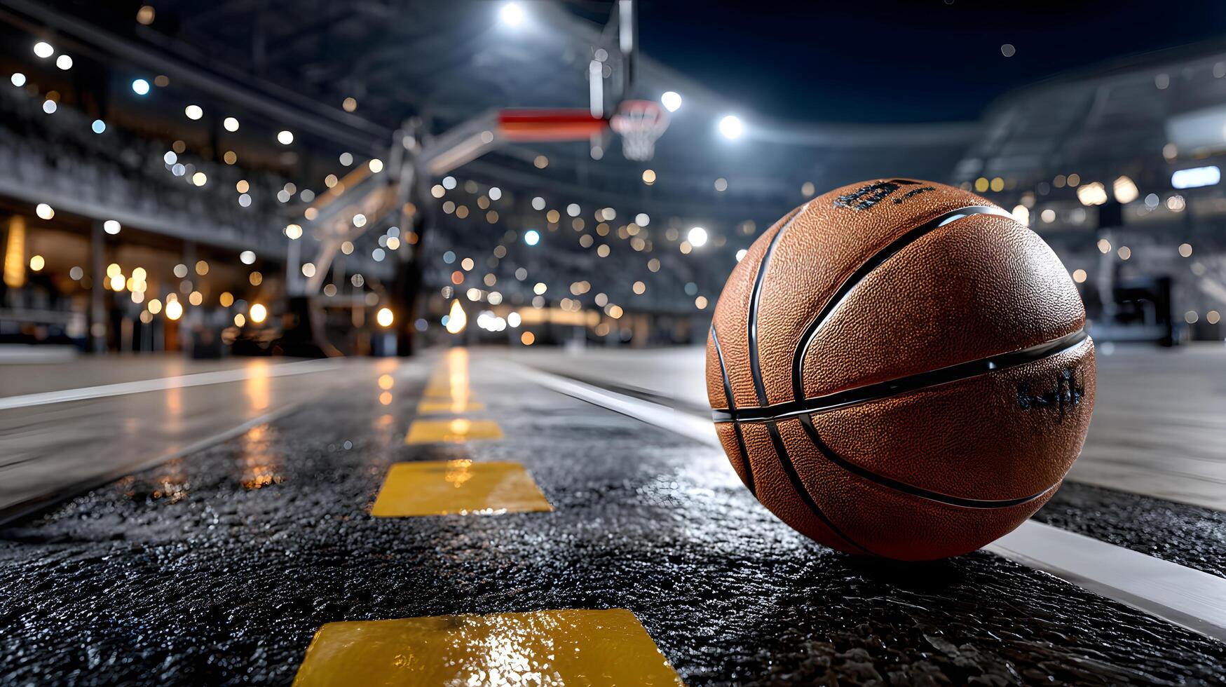 Basketball on Wet Court at Night Urban Sports Scene Dramatic Lighting photo