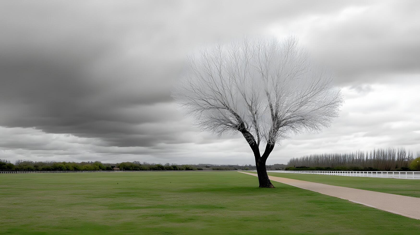 Serene Landscape Lone Tree in Green Field under Dramatic Cloudy Sky photo