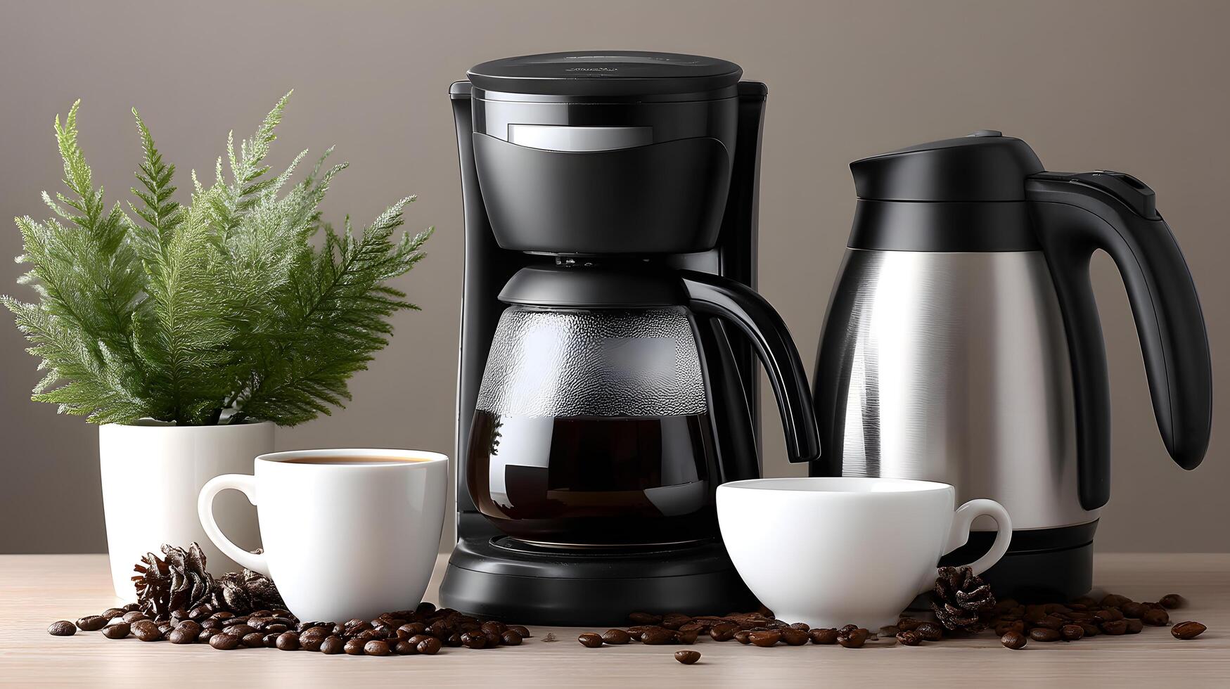 Freshly Brewed Coffee Setup Coffee Maker Thermal Carafe and Coffee Cups photo
