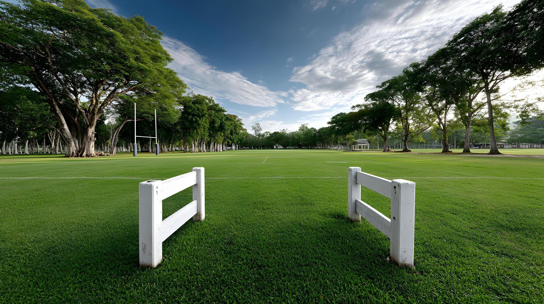 Lush Green Rugby Field with White Fence and Mature Trees Under a Cloudy Sky photo