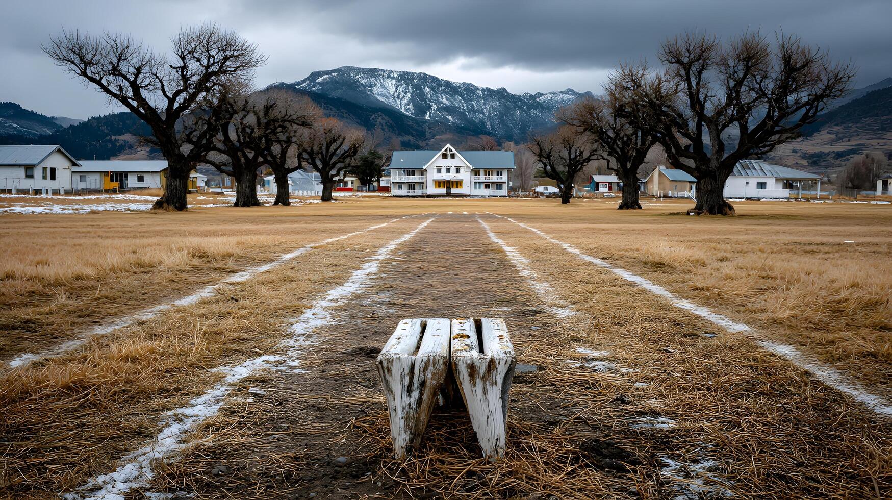 Rustic Wooden Bench on a Rural Field with a Snowy Mountain View and Old Buildings photo