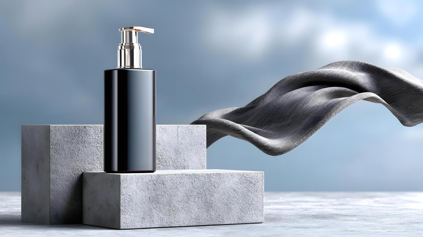 Elegant Black Pump Bottle Mockup on Concrete Podium with Grey Fabric Drape photo