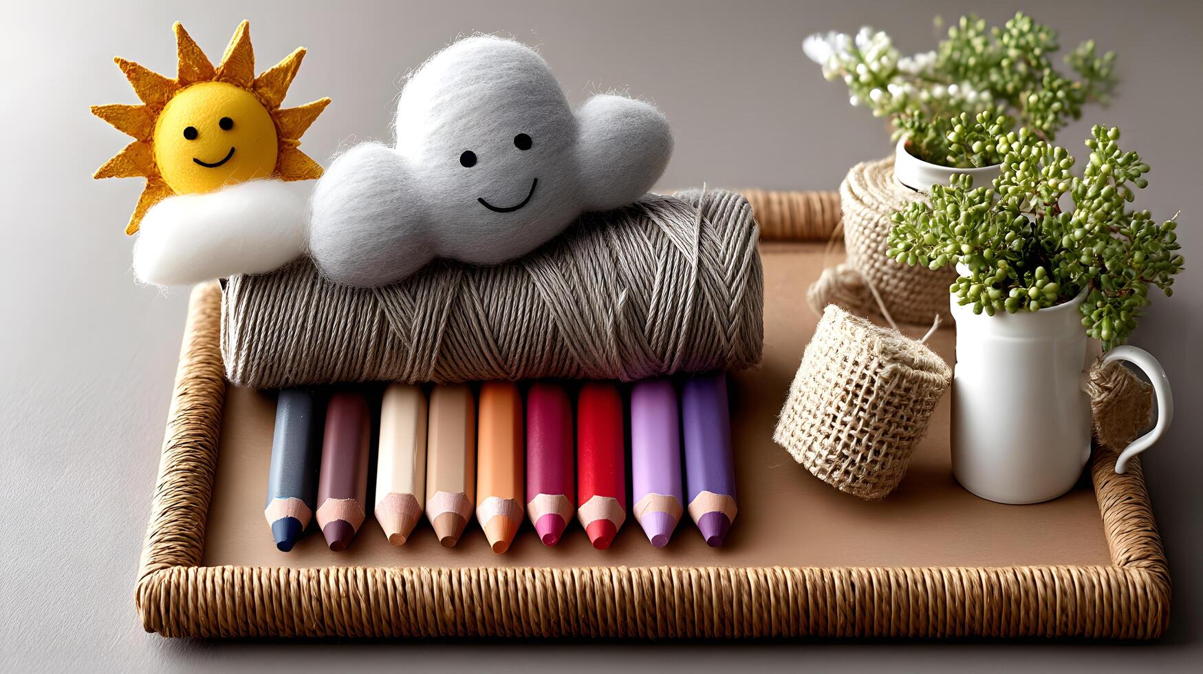 Cute Felt Sun and Cloud with Colored Pencils on a Wicker Tray photo