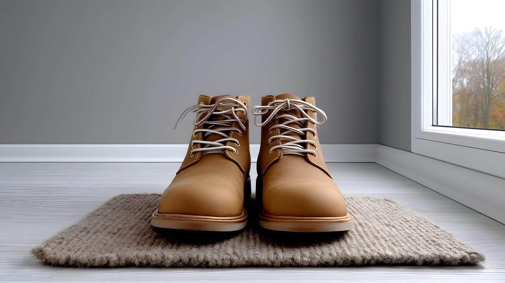 Tan Leather Boots with White Laces on a Natural Fiber Rug Indoors photo