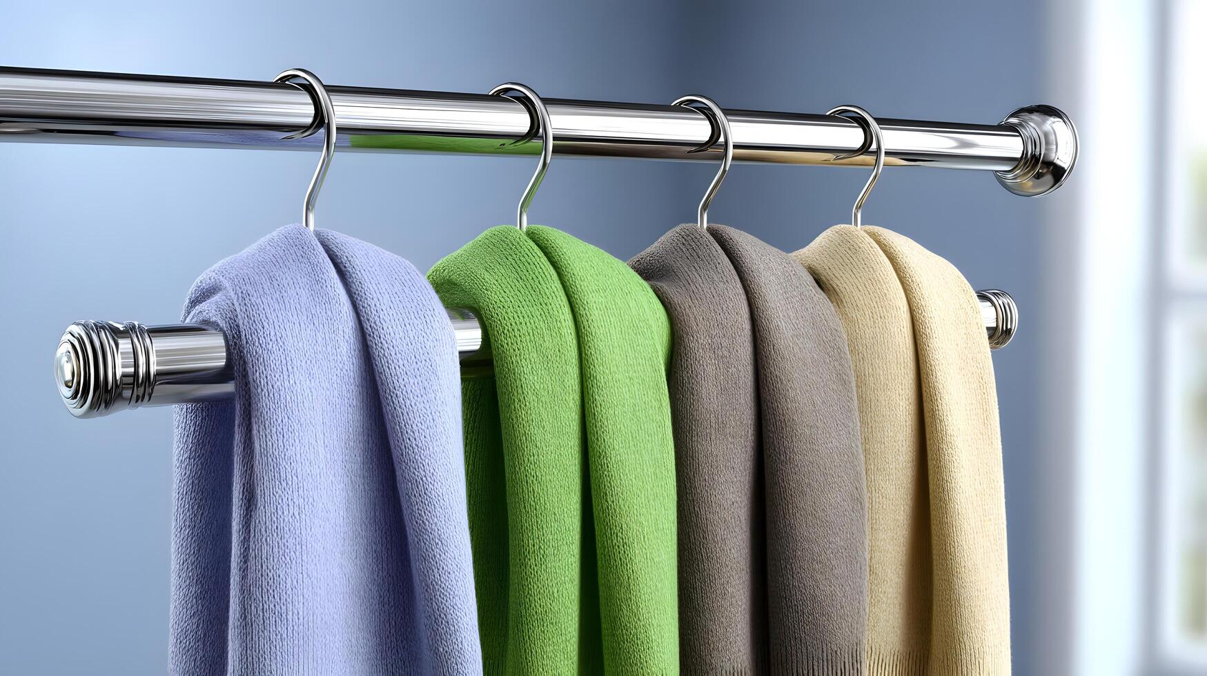 Soft Knit Scarves Hanging on Modern Chrome Clothes Rail Pastel Colors Home Decor photo