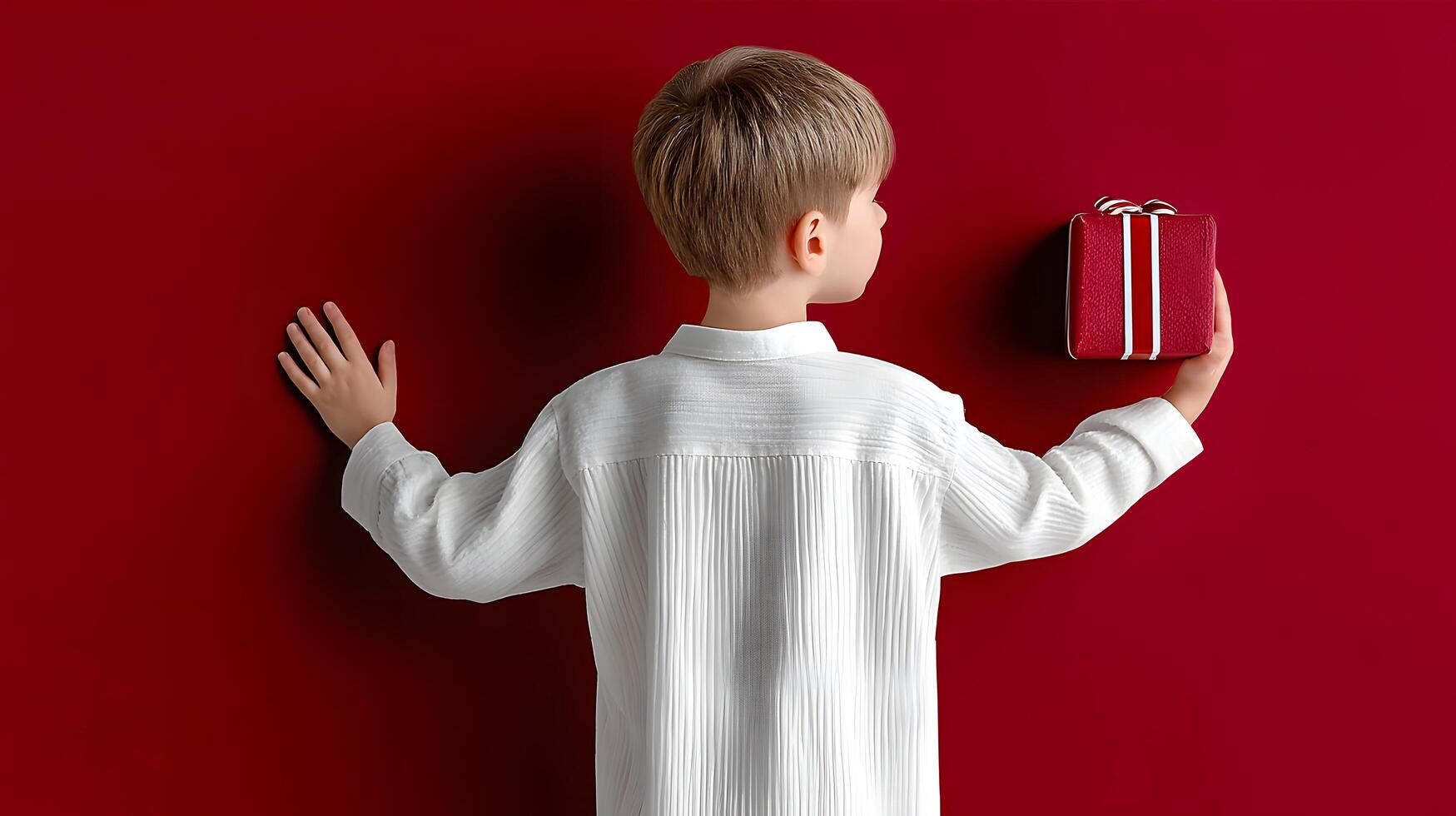Child s Back View Holding Red Gift Box Against Red Background Festive Holiday Concept photo