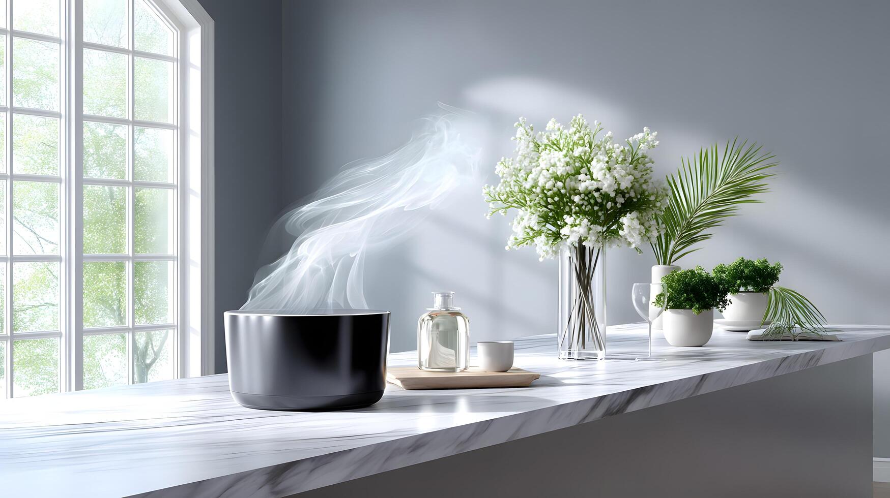 Modern Home Diffuser with Steam White Flowers and Plants on Marble Countertop photo