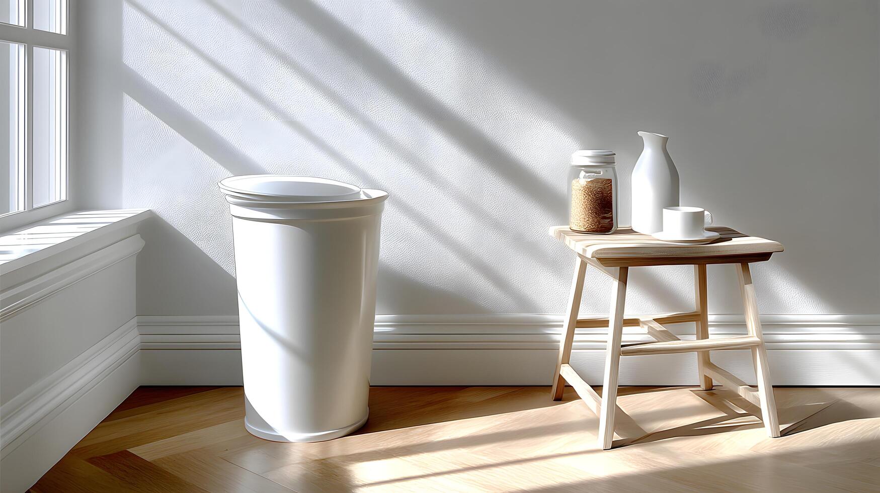 Modern White Trash Can in Sunlit Room with Wooden Side Table and Kitchenware photo