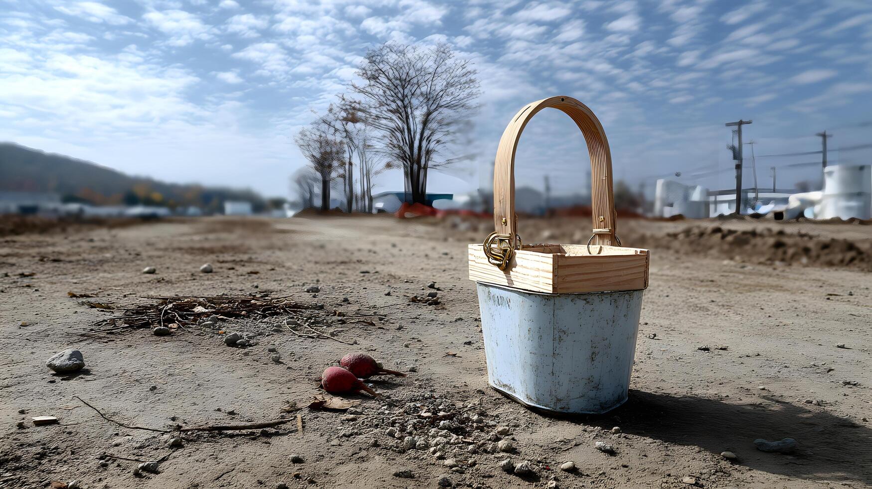 Rustic Wooden Handled Metal Bucket on Desolate Construction Site Landscape photo