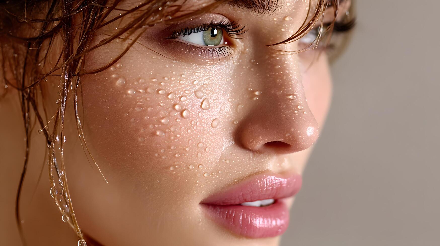 Close up of a Woman s Face with Water Droplets Skincare Beauty Fresh Skin Dewy photo