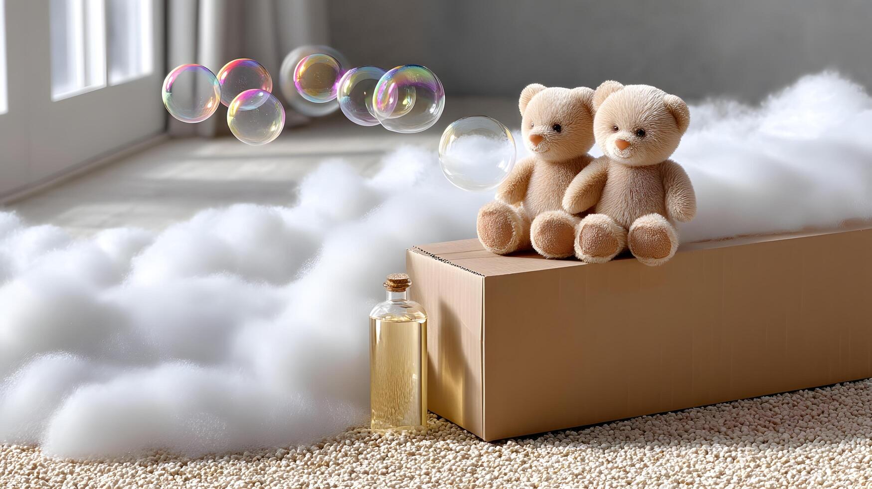 Two Adorable Teddy Bears on Cardboard Box amidst Soap Bubbles and Fluffy Clouds photo