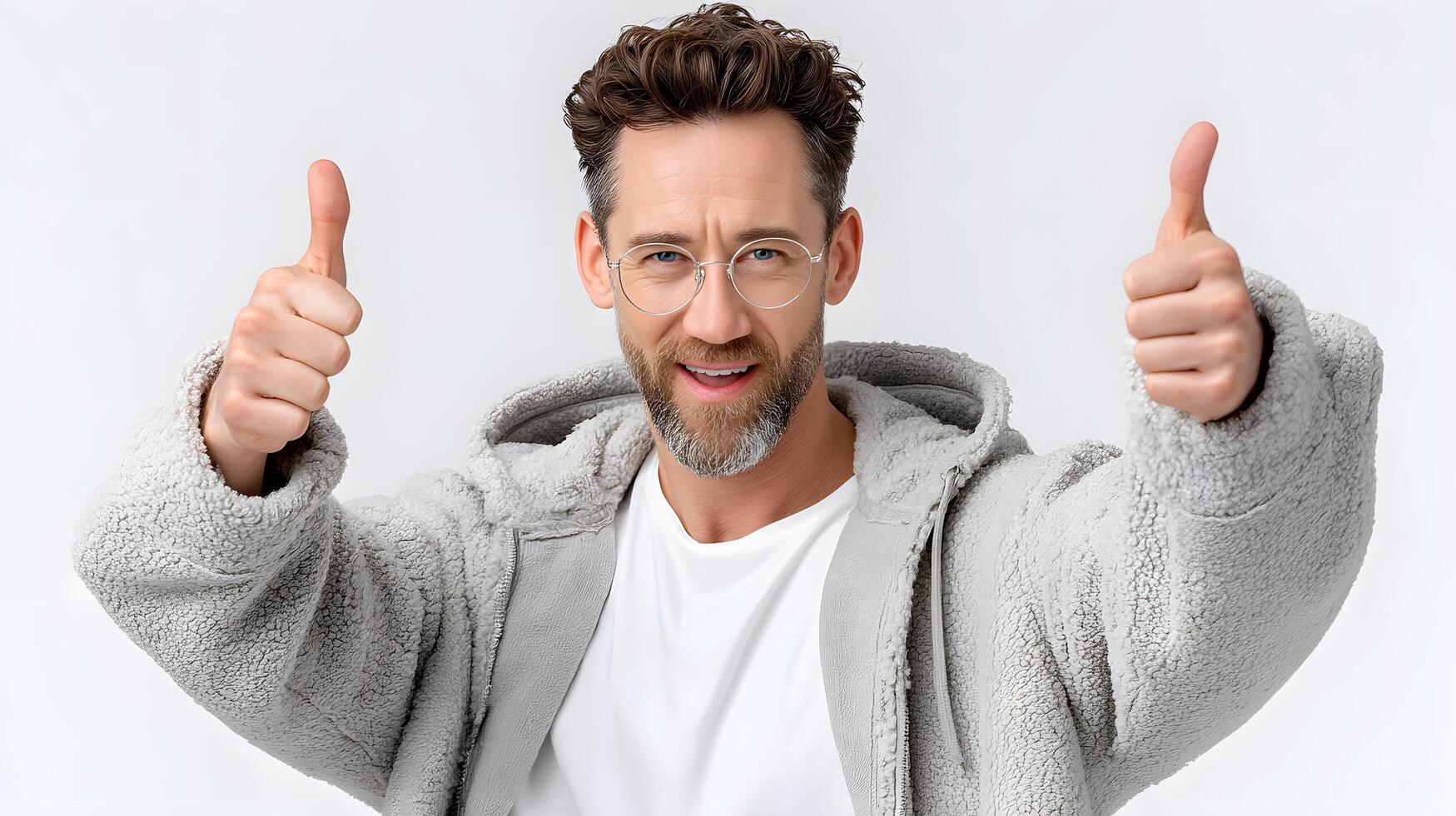 Mature Man in Grey Fleece Hoodie Showing Thumbs Up Positive Gesture Approval photo