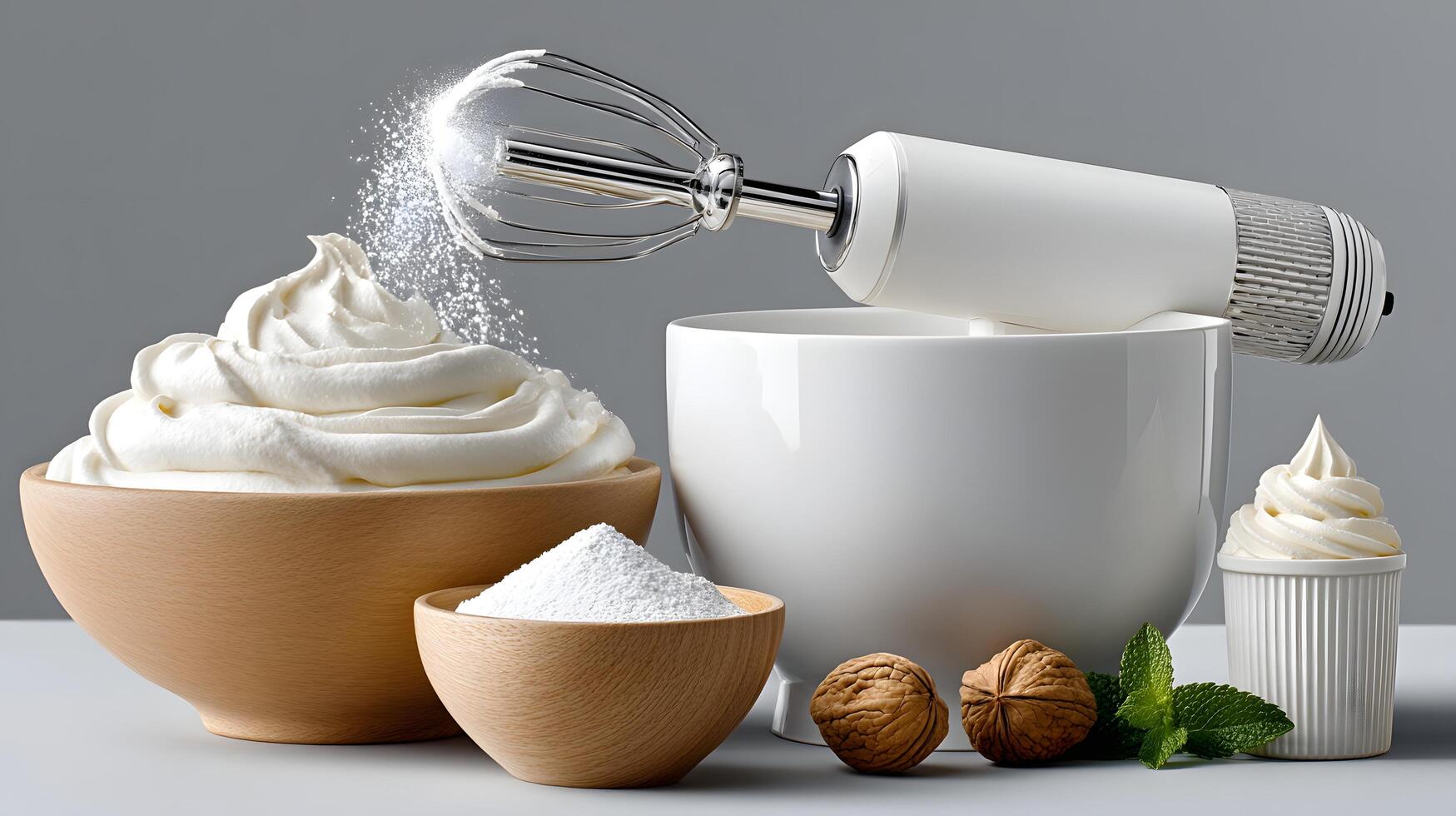 Delicious Whipped Cream Preparation with Hand Mixer Bowl and Ingredients photo