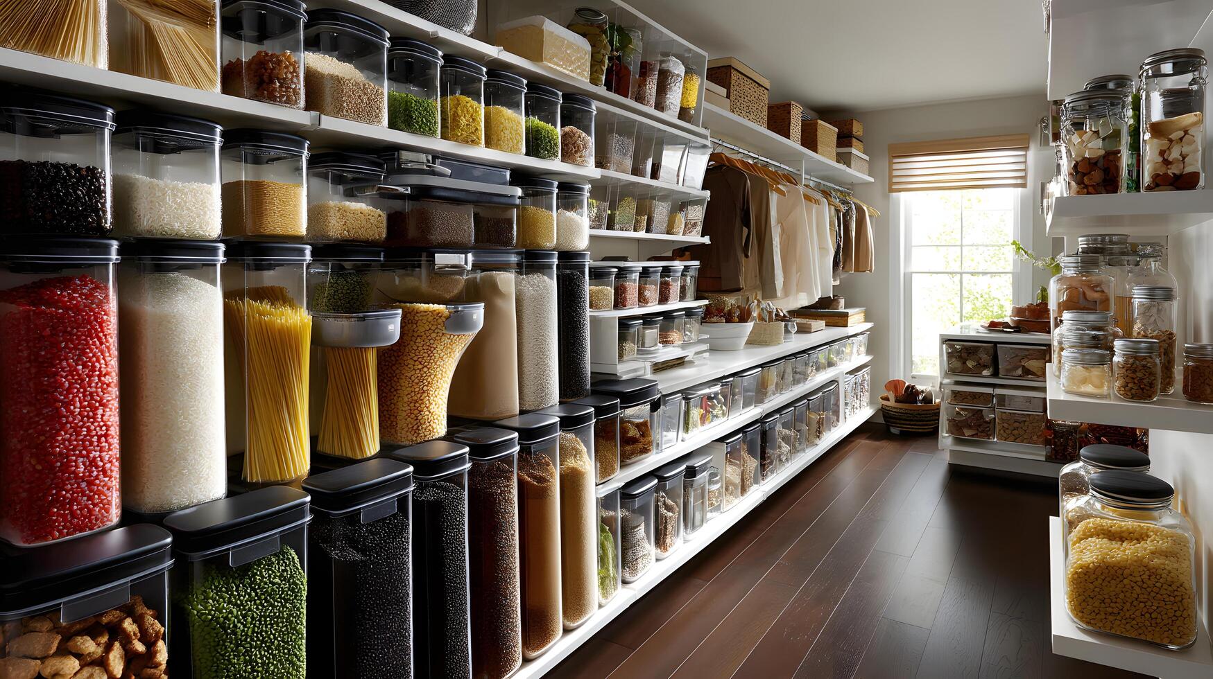 Organized Pantry with Clear Storage Containers Filled with Dry Goods and Grains photo