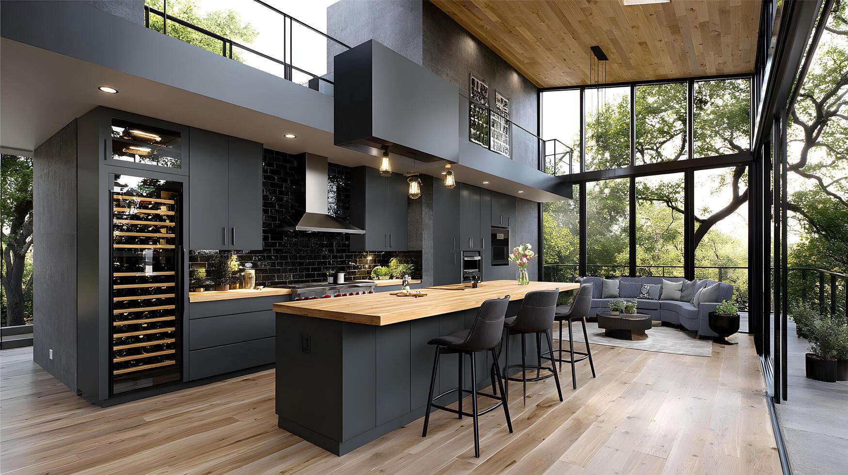Modern Luxury Kitchen Interior Design Island Wine Cellar Hardwood Floors Large Windows photo