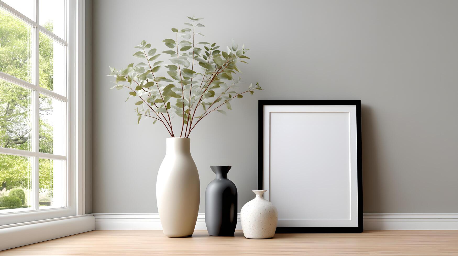 Modern Home Interior Design Mockup Blank Frame Eucalyptus Vases on Wooden Floor photo
