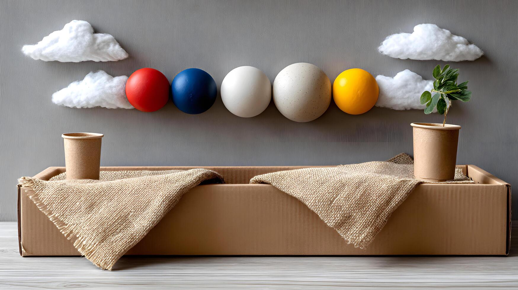 Colorful Easter Eggs Decorated with Clouds and Plant in Cardboard Box photo