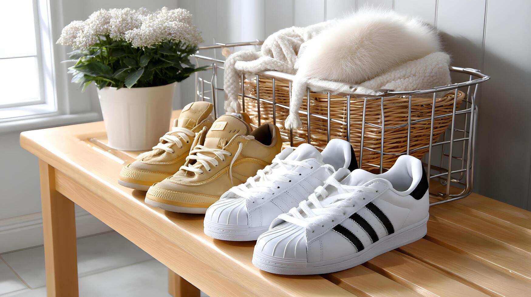 Stylish Sneakers and Cozy Knitwear Resting on Wooden Bench Near White Flowers photo