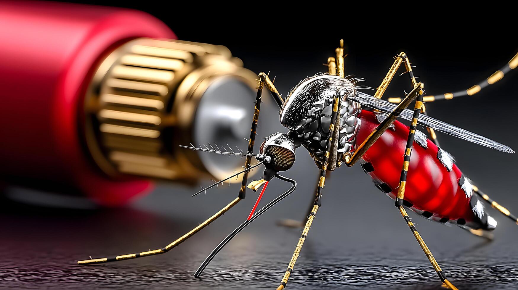 Close up of a stylized mosquito with red and gold details near a blurred red cable connector photo
