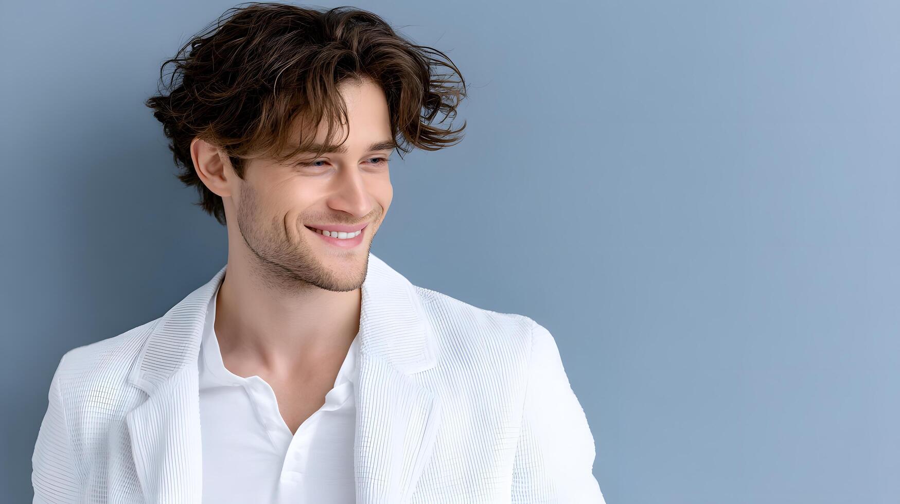 Handsome Man Smiling Casual White Blazer Studio Portrait Happy Expression Light Blue Background photo