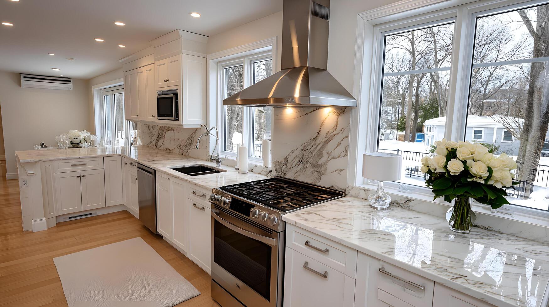 Modern White Kitchen Interior with Marble Countertops Stainless Steel Appliances and Large Windows photo