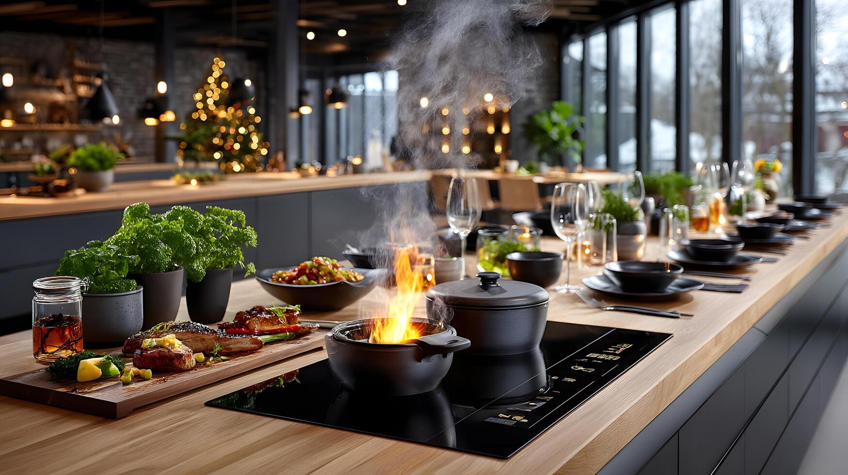 Modern Kitchen Gourmet Meal Preparation Table Setting Christmas Decor Flames Elegant Dinner Party photo