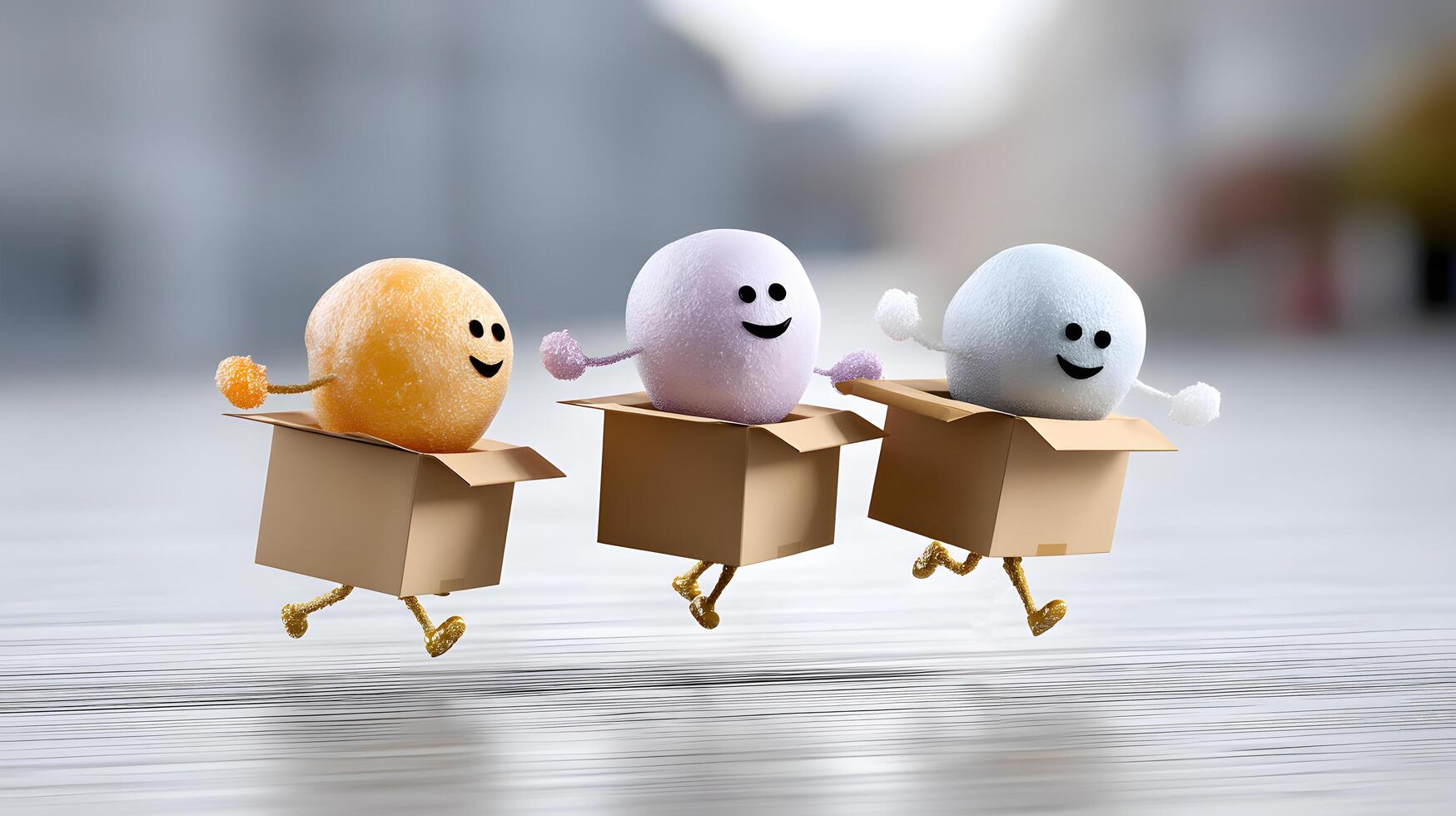 Three Cheerful Cartoon Characters in Boxes Jumping Happy Delivery Concept photo