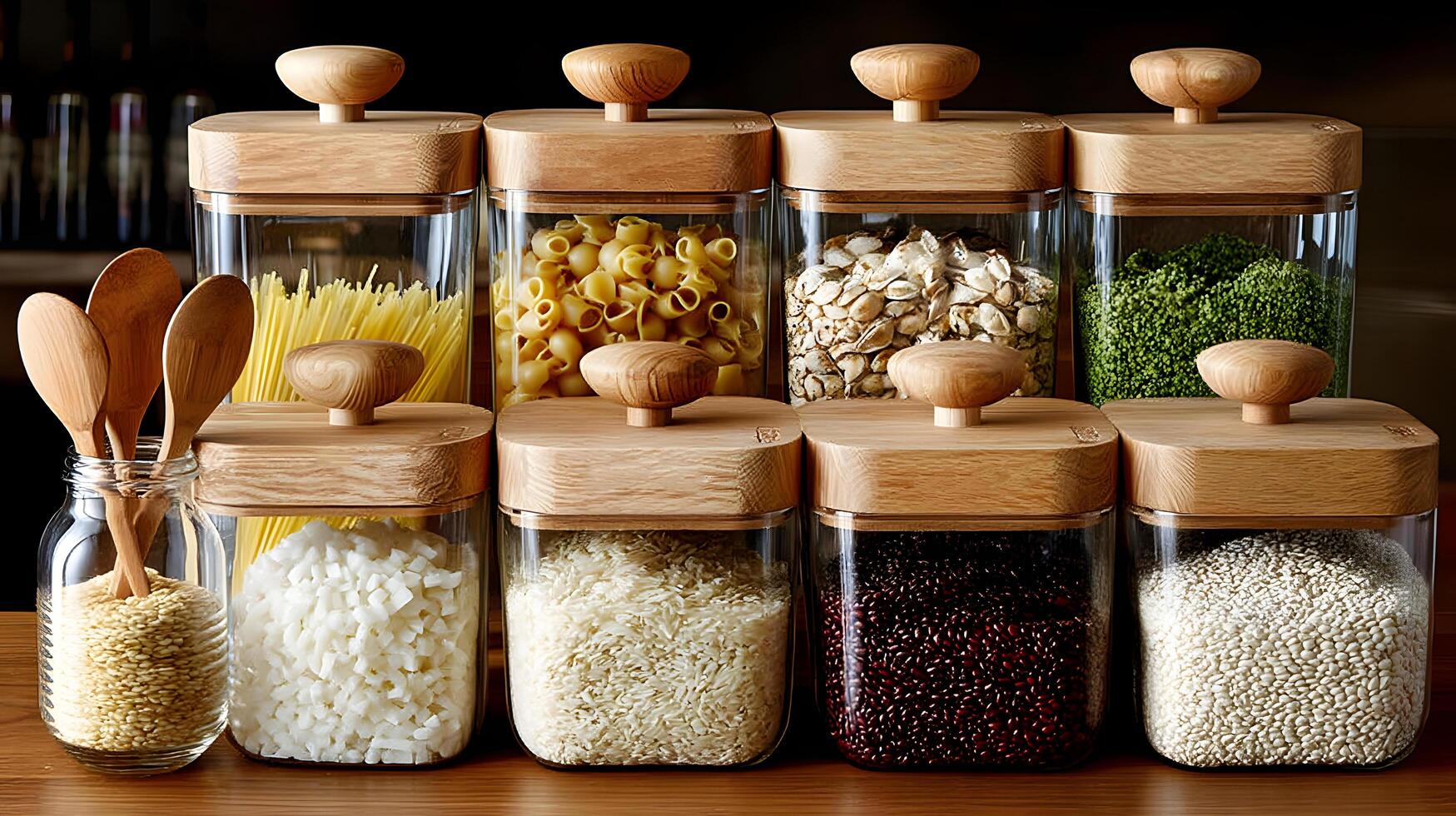 Wooden Lidded Glass Jars Filled with Various Grains Rice and Pasta in Kitchen Setting photo