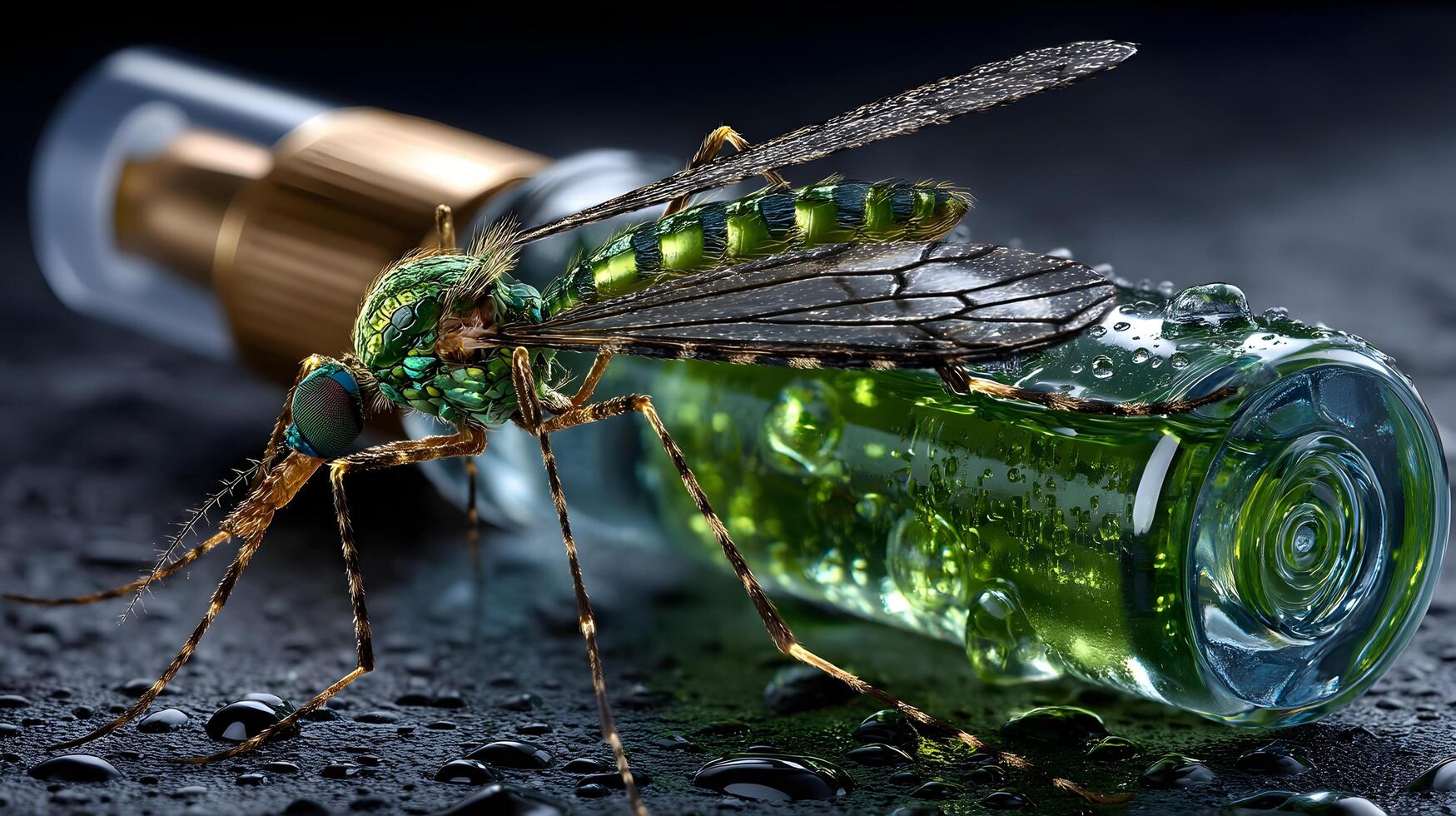 Detailed Close up of Mosquito on Green Liquid Filled Bottle Water Droplets photo