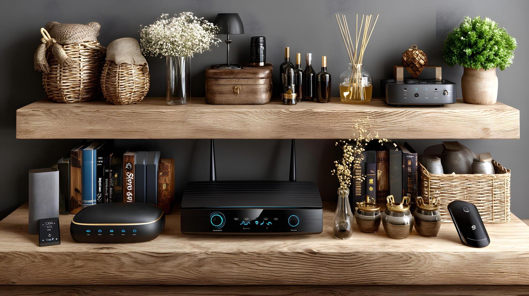 Modern Home Entertainment Setup with Wifi Router Smart Home Devices and Stylish Decor on Wooden photo