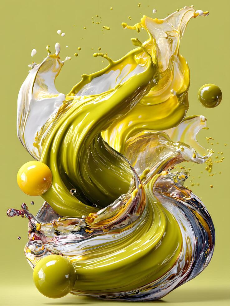 Abstract Swirling Yellow and White Liquid Paint Splash with Spheres Dynamic Design photo