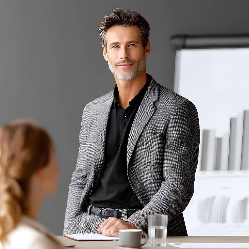 Confident Mature Businessman in Grey Suit Office Meeting Presentation photo